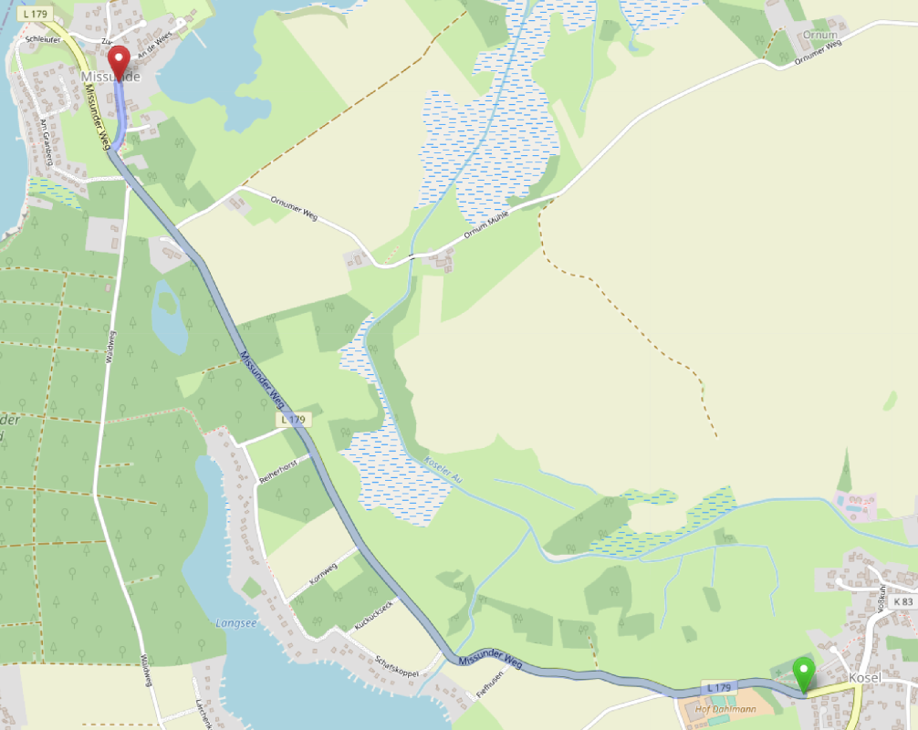 Route von Kosel nach Missunde auf Openstreetmap-Karte